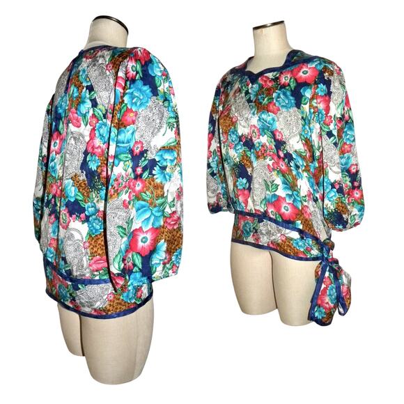 80s DIANE FREIS Floral Silk Blouse w Sash | Blouson Tunic XS/S - Picture 1 of 9
